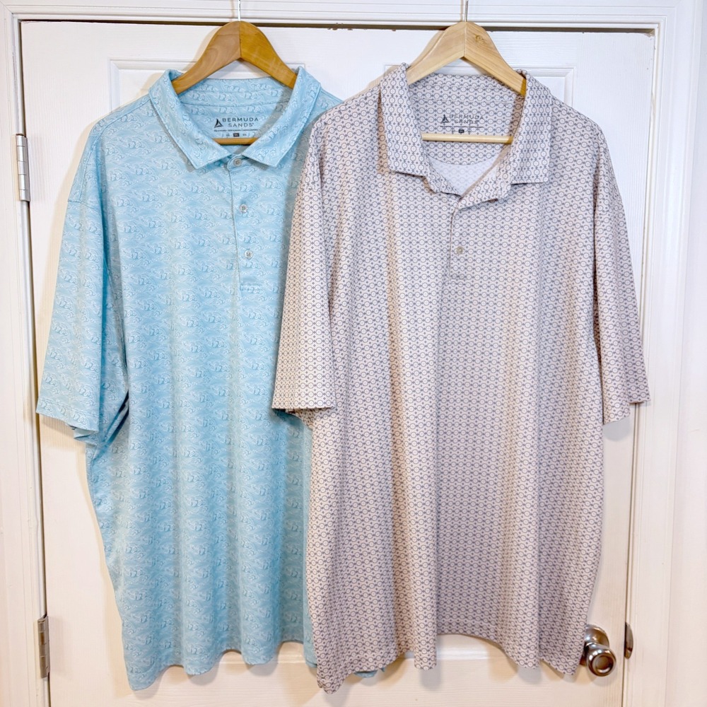 Lot of 2 Bermuda Sands Mens 3XL Performance Golf Polo Shirts White Blue Prints